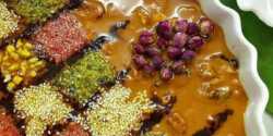 طرز تهیه رنگینک کرمانی بندری جهرمی ساده خانگی توپی دورنگ با خرمای له شده لاری با آرد نخودچی توپی با بیسکویت آبادانی مدرن