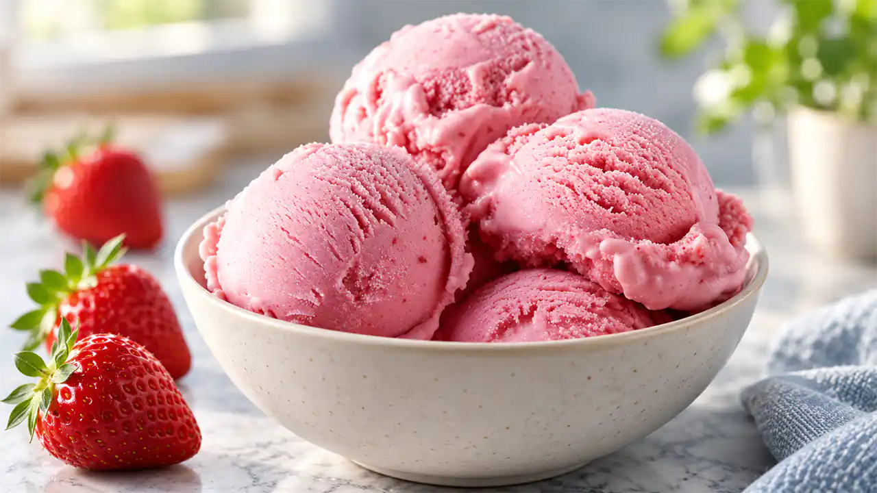 طرز تهیه بستنی توت فرنگی با خامه صبحانه بدون دستگاه