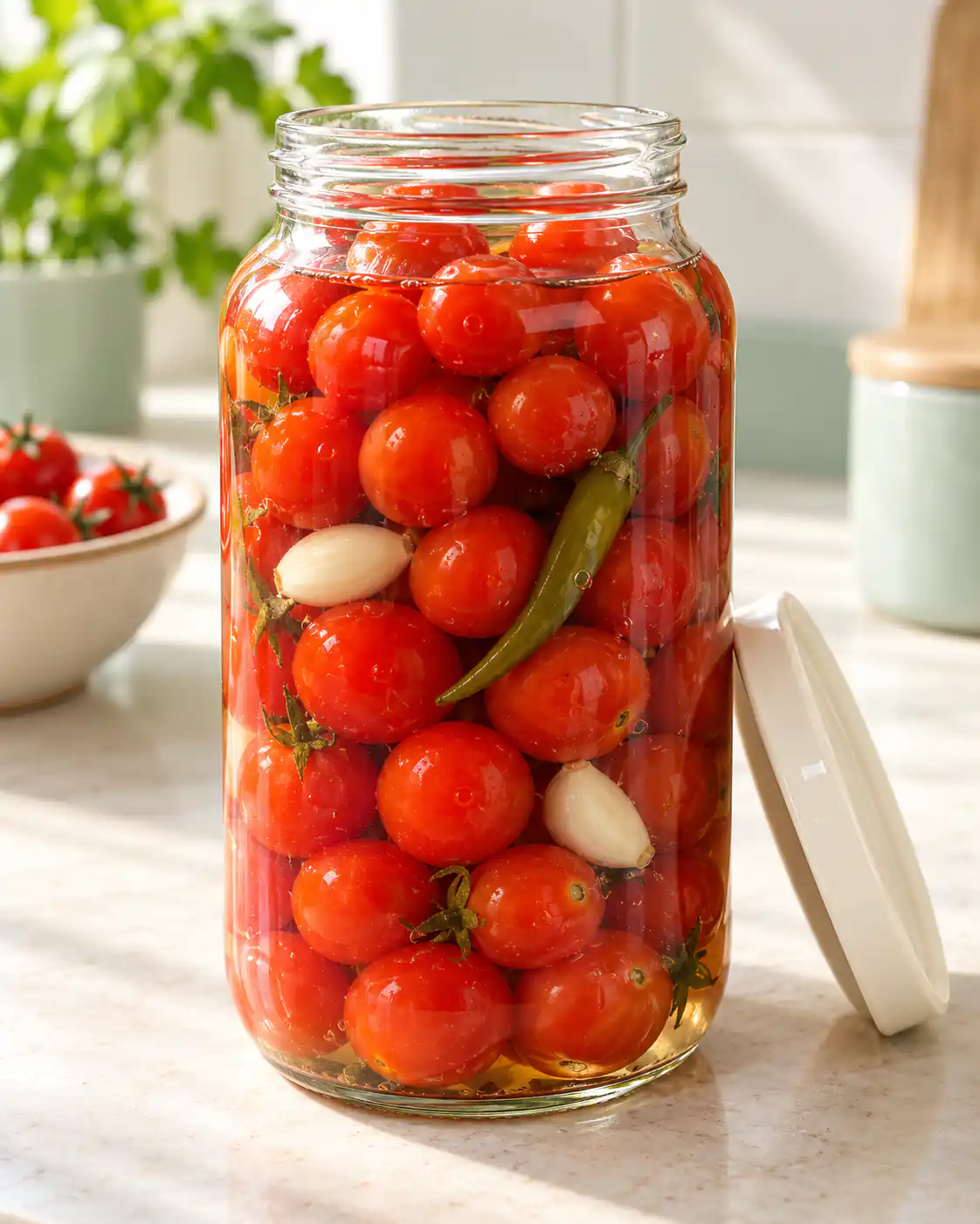 چیدن گوجه و سیر داخل شیشه گوجه شور