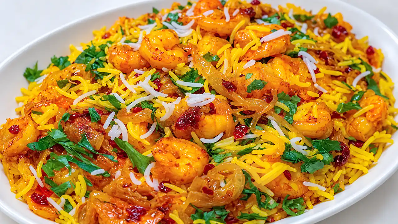 طرز تهیه میگو پلو جنوبی خوشمزه با میگوی نرم و آبدار