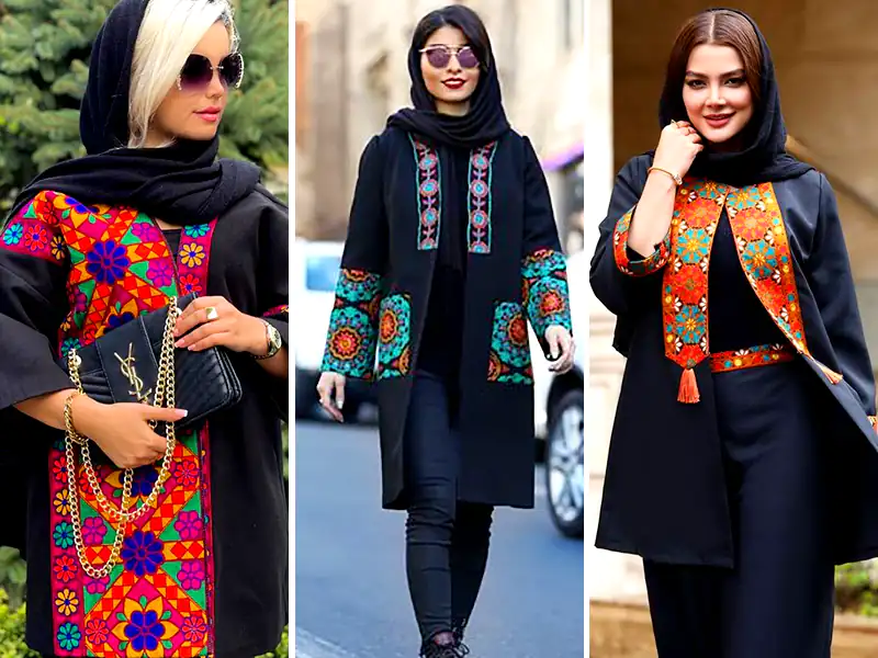 مدل مانتو مشکی با ترکیب پارچه سنتی