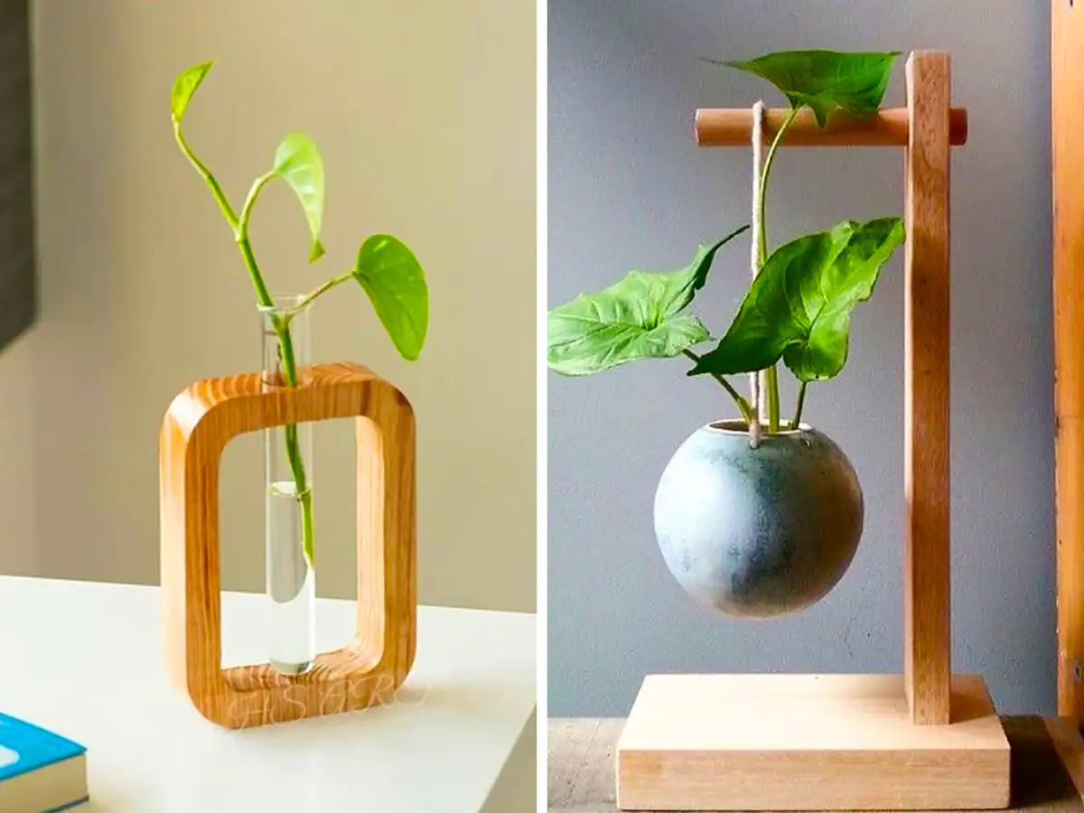 گلدون چوبی شیشه ای رومیزی