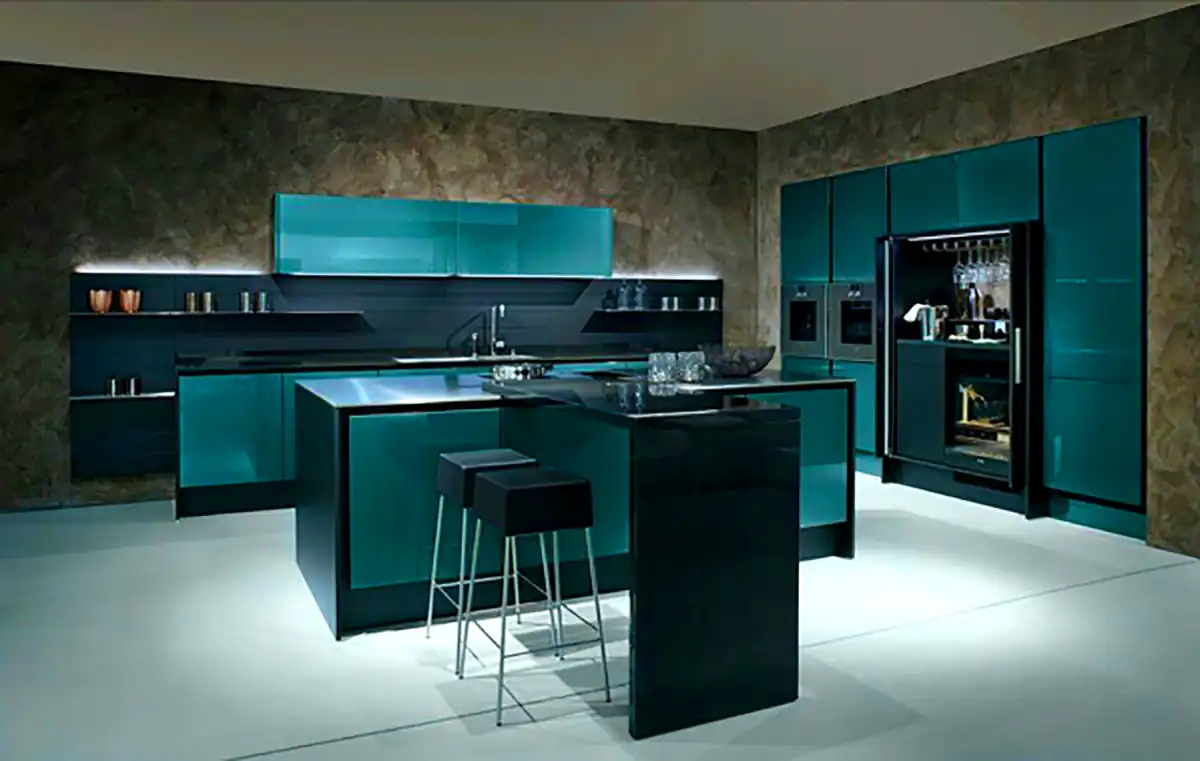 طراحی کابینت هایگلاس آبی دریایی