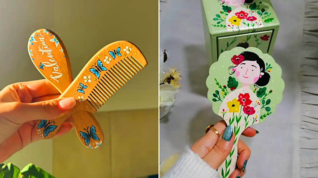نقاشی روی آینه و برس چوبی