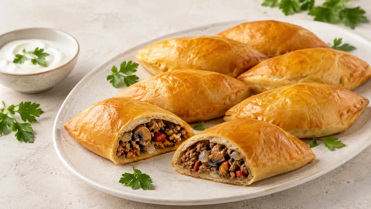 پیراشکی گوشت و قارچ با خمیر خانگی