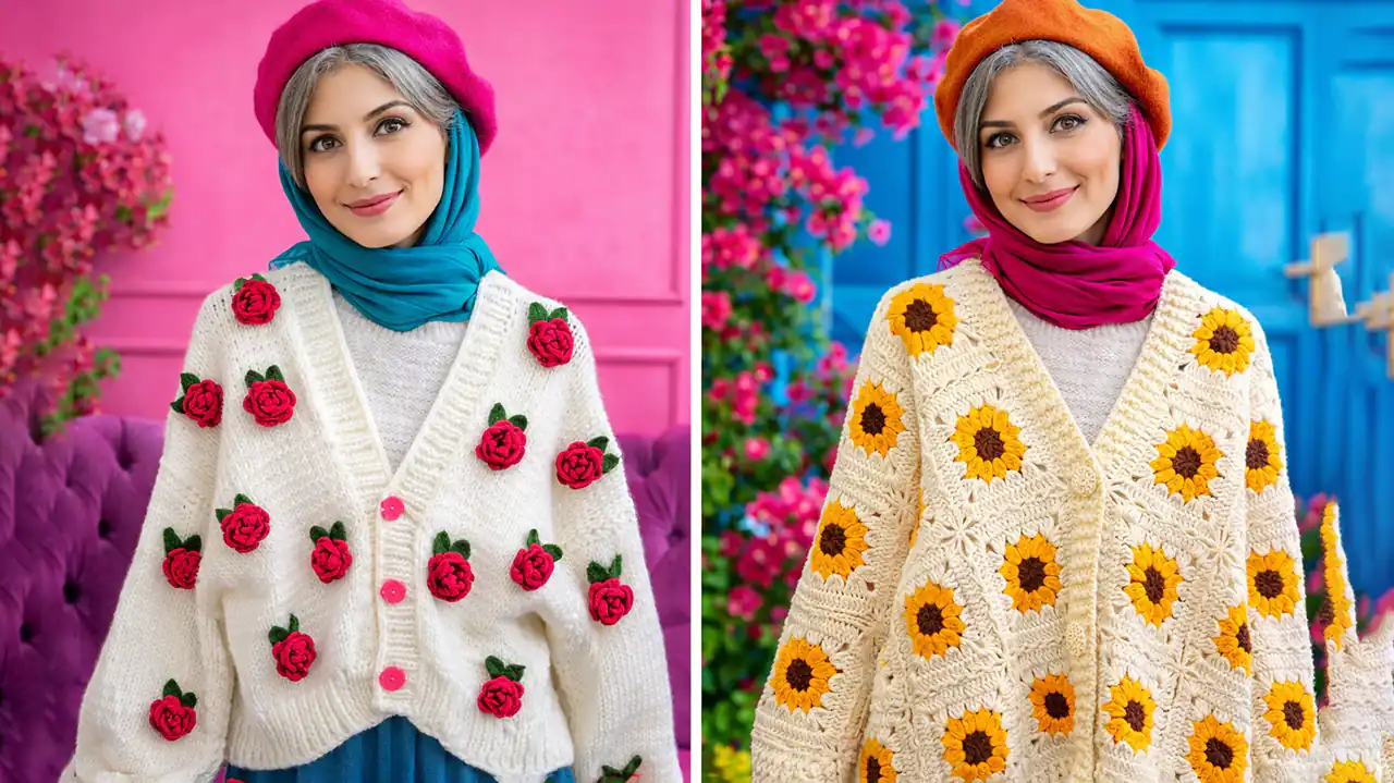 ژاکت بافتنی گلدار دستبافت