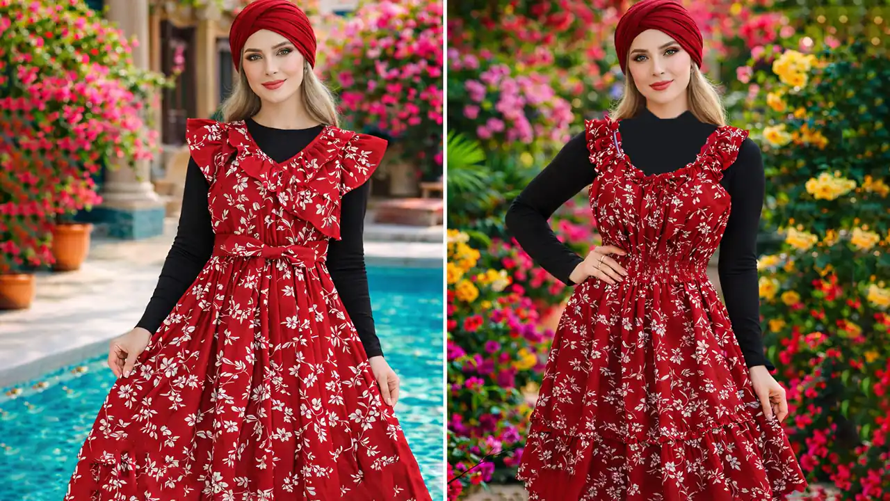 پیراهن قرمز گلدار تابستونی